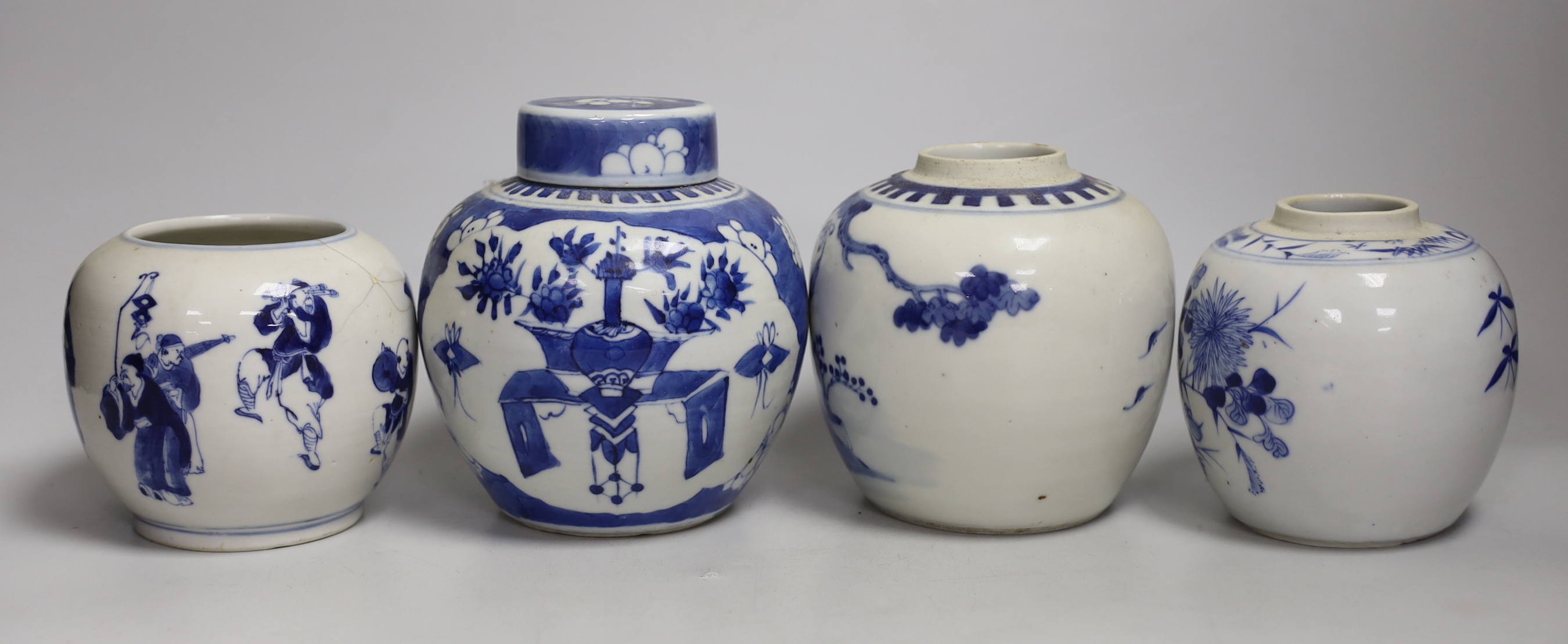 Four assorted late 19th century Chinese blue and white pots, tallest 15cm (a.f.)